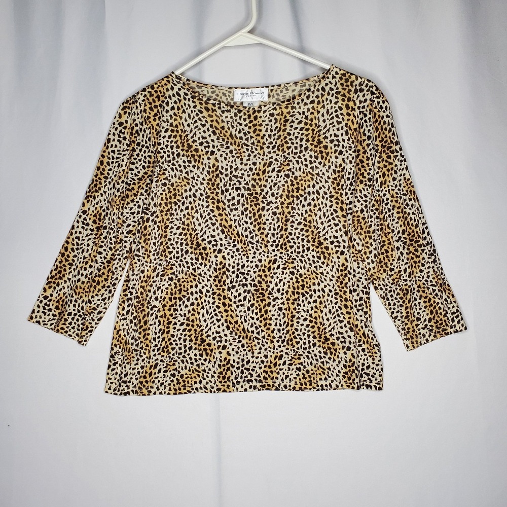 Rena Rowan Silk Leopard Knit Top Womens Petite Large 3/4 Round Neck Crop Vtg 90s